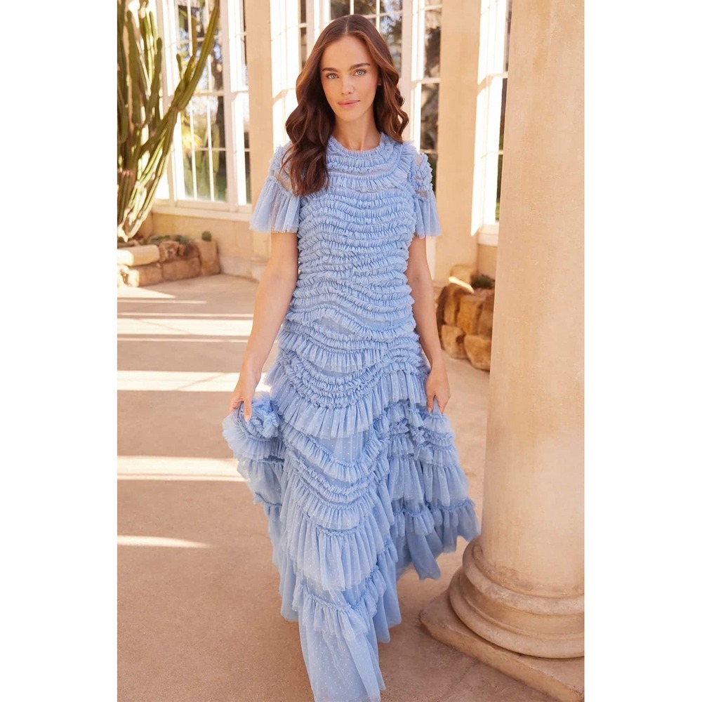Needle And Thread Wild Rose Short Sleeve Ruffle Dress Porcelain Blue US 6